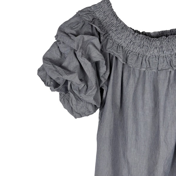 MISA Los Angeles Pinstripe Smocked Ruffle Cotton Dress Womens Large Puff Sleeves - Picture 6 of 7